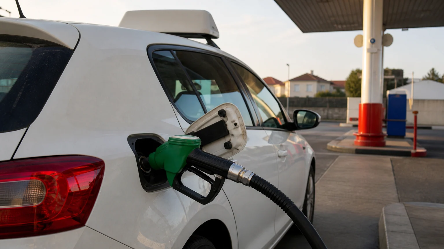 Carburants et permis de conduire — pistolet vert inséré dans la trappe d'une voiture-école blanche, sous une station-service française en fin de journée.
