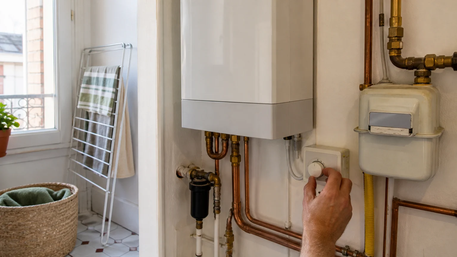 Dépenses et droits au 1er septembre — chaudière domestique au gaz, compteur et main réglant un thermostat dans une buanderie française.