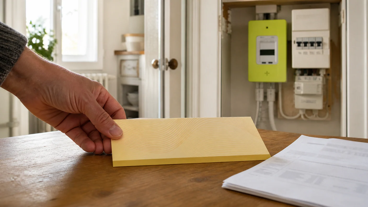 Chèque énergie proposé pour 2027 — main posant un titre de paiement jaune près d'une facture floue et d'un compteur électrique dans un logement français.