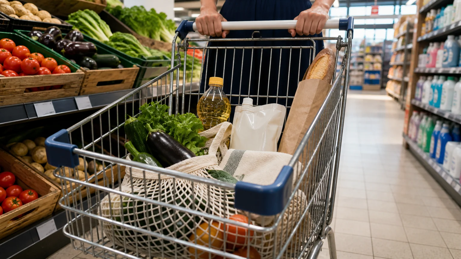 Consommation de biens des ménages en hausse — chariot rempli de produits alimentaires et d’articles courants dans un supermarché français.