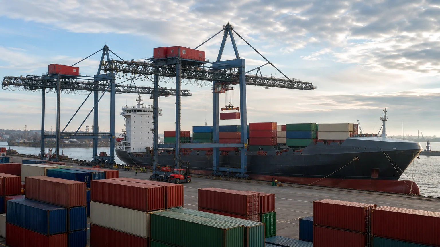 Croissance allemande révisée à la hausse — terminal portuaire avec cargo, grues de manutention et conteneurs non marqués au petit matin.