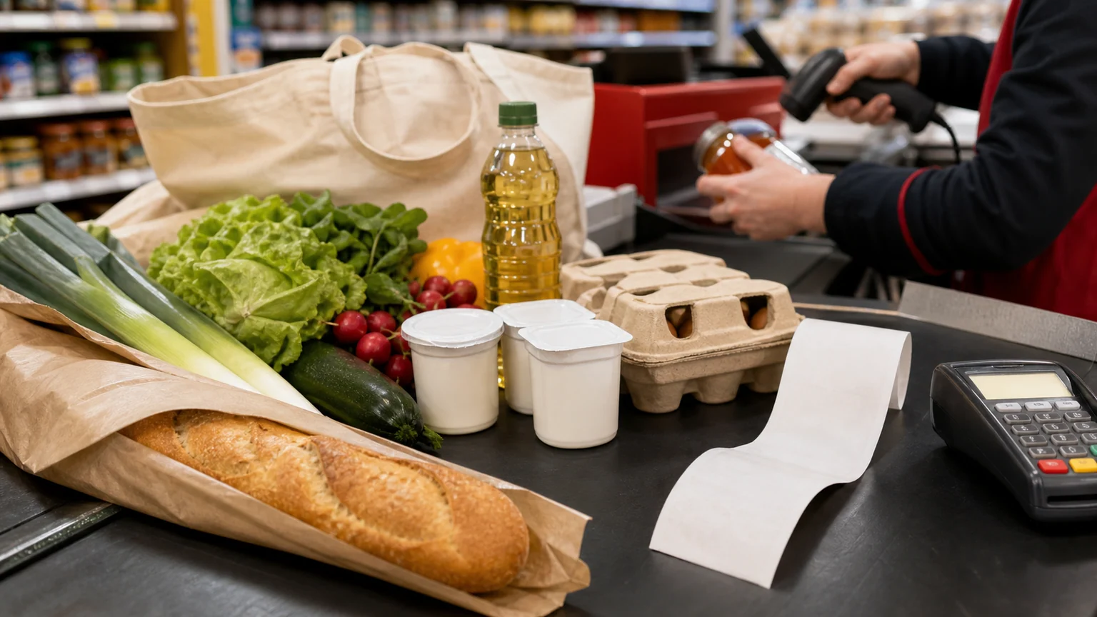 Croissance économique — produits alimentaires, ticket de caisse vierge et mains d’une caissière sur un tapis de supermarché.