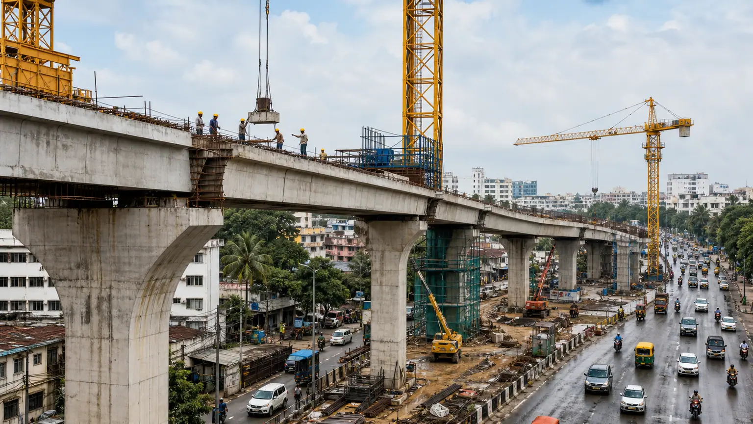 Croissance de l’Inde portée par l’investissement — viaduc de métro en construction au-dessus d’une artère urbaine animée, grues jaunes et circulation après la pluie.