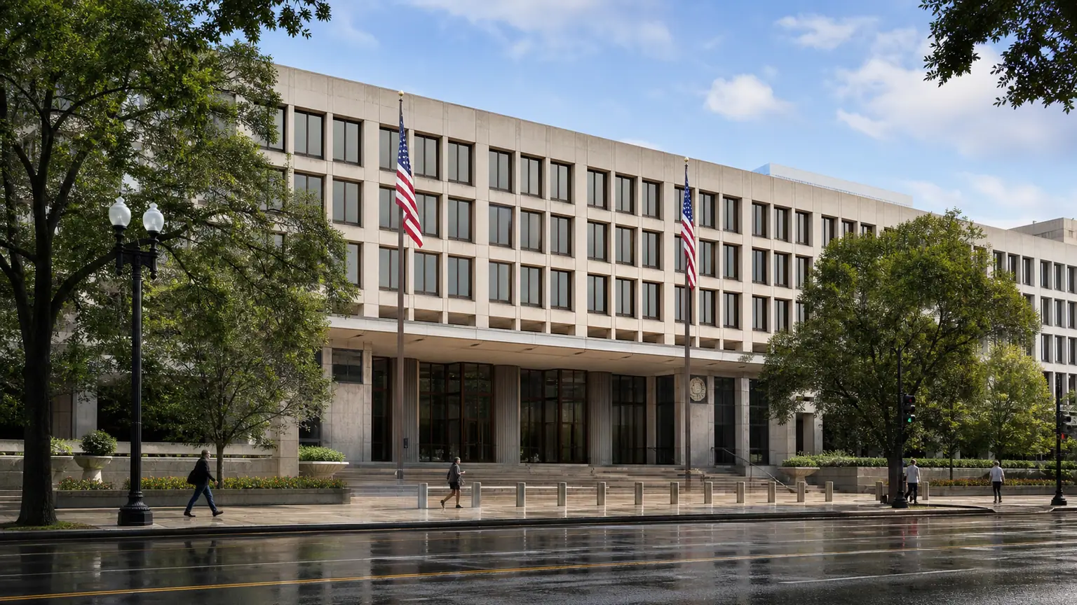 Demandes de chômage aux États-Unis — façade d'un bâtiment fédéral à Washington, drapeaux américains et trottoir encore mouillé au matin.