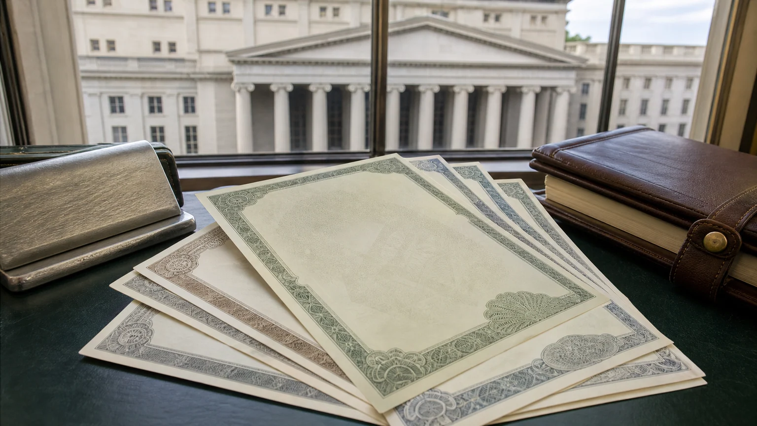 Dette américaine et titres du Trésor — certificats aux motifs gravés posés sur un bureau vert, façade néoclassique de Washington floue à l’arrière-plan.