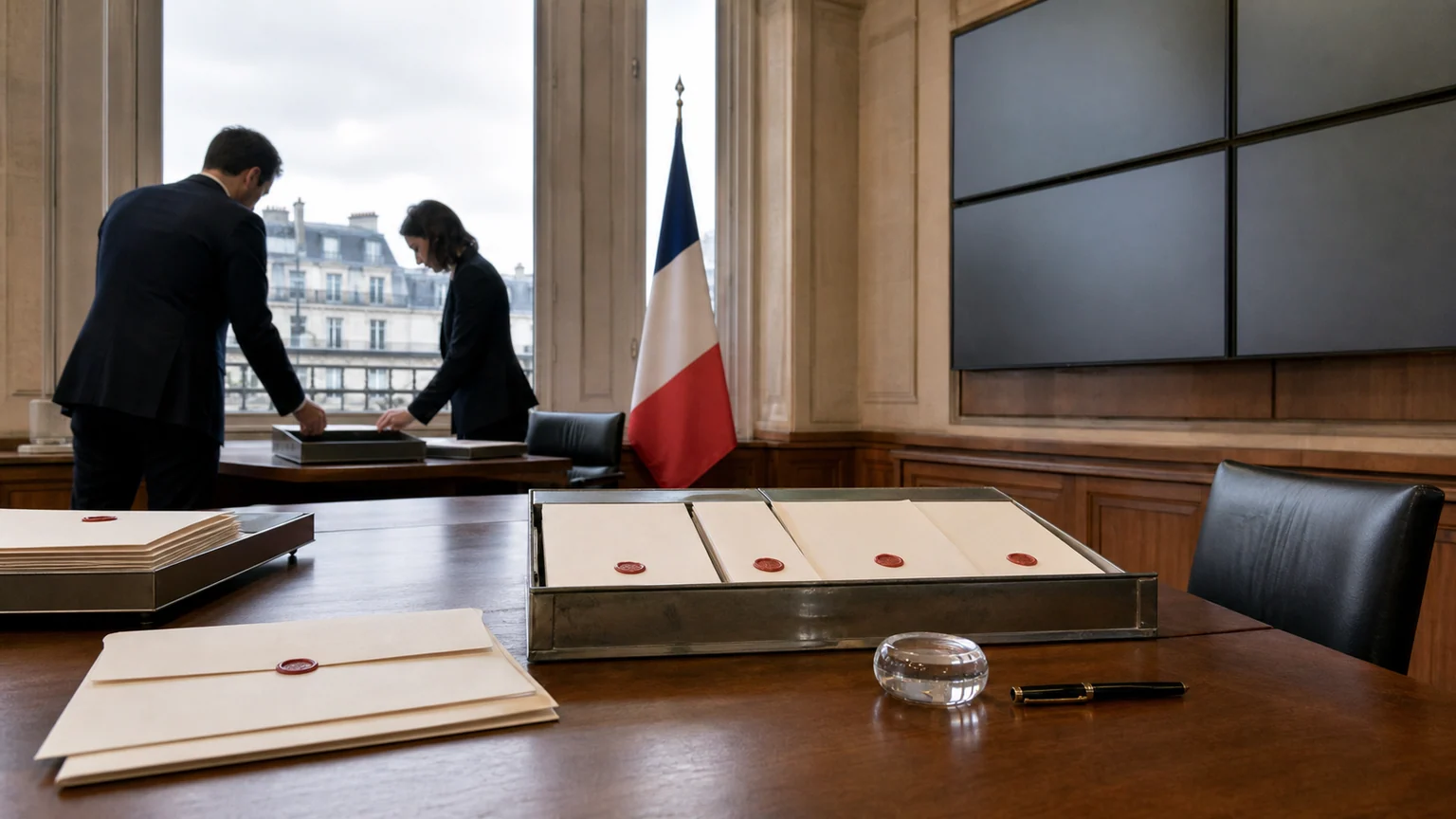 Dette française et obligations OAT — dossiers d’émission scellés sur une table, drapeau tricolore et bureaux parisiens en lumière du jour.