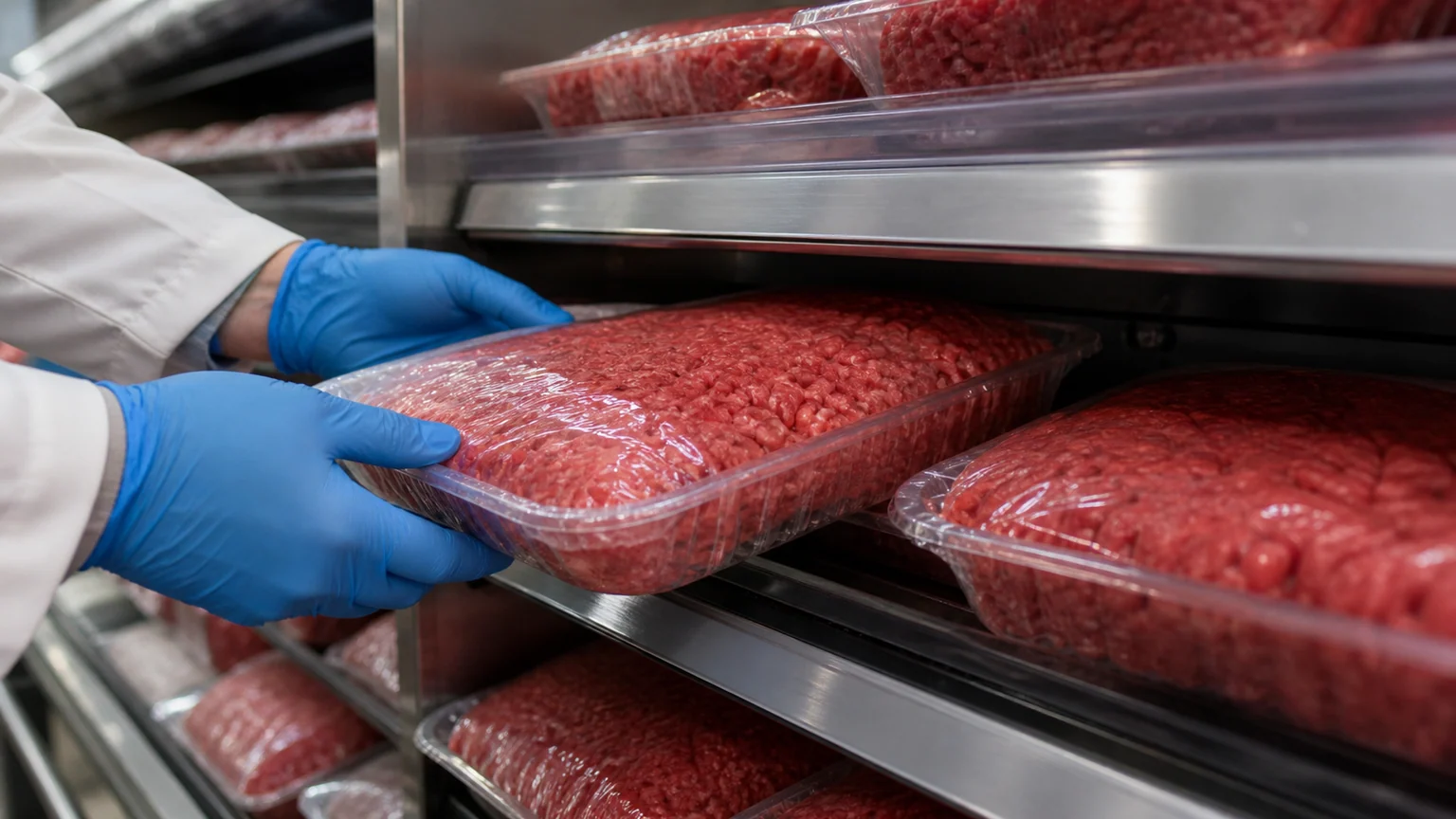 Droits de douane sur le boeuf importé — mains gantées réapprovisionnant des barquettes de boeuf haché frais dans un rayon réfrigéré de supermarché américain.