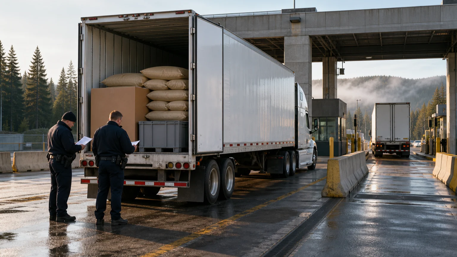 Droits de douane Canada — camion de fret ouvert à un poste frontalier, agents anonymes contrôlant des documents sans inscription.