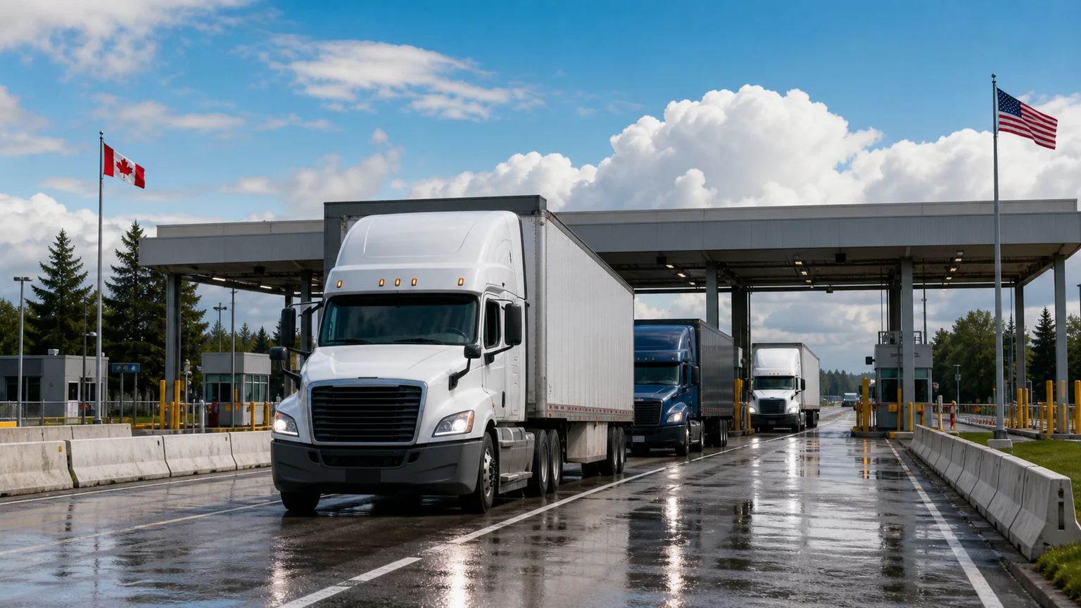 Droits de douane Canada reportés — camions de fret devant les guérites d'un poste-frontière entre le Canada et les États-Unis.