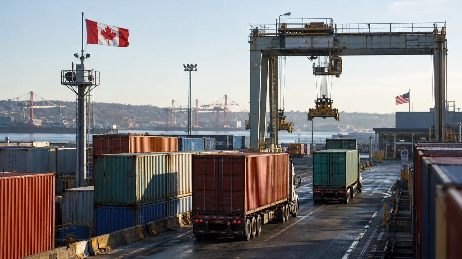 Droits de douane sur les produits canadiens — conteneurs et camions dans un terminal nord-américain, avec les drapeaux canadien et américain.