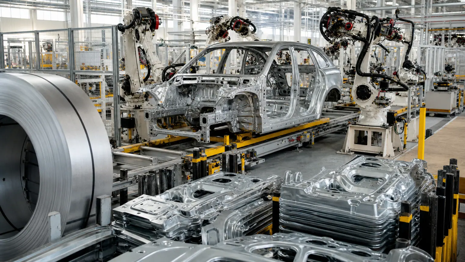 Droits de douane sur véhicules et acier — caisse automobile en cours d’assemblage, robots industriels et bobine d’acier dans une usine moderne.