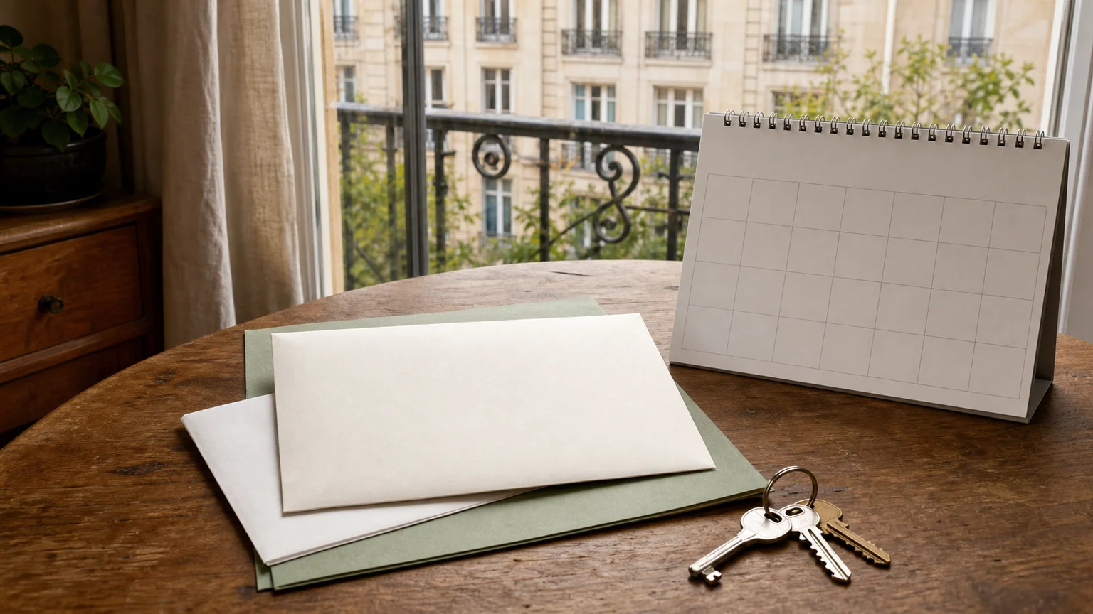 Échéances impôts de septembre — avis fiscal sans texte, calendrier vierge et clés posés sur une table d'appartement français.