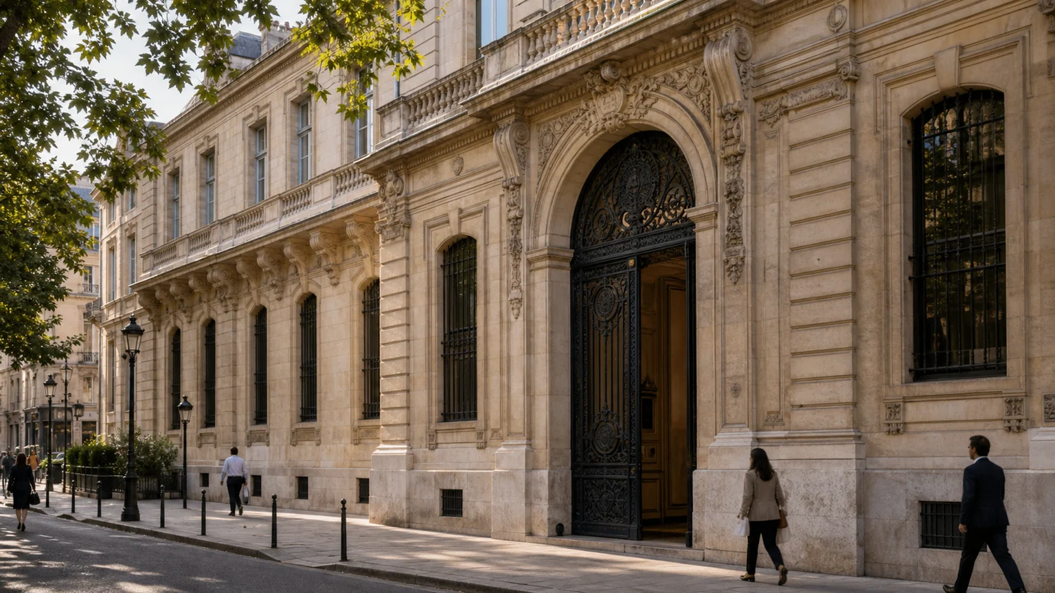 Illustration d'une façade institutionnelle en pierre à Paris, avec une entrée en ferronnerie et quelques passants sur le trottoir.