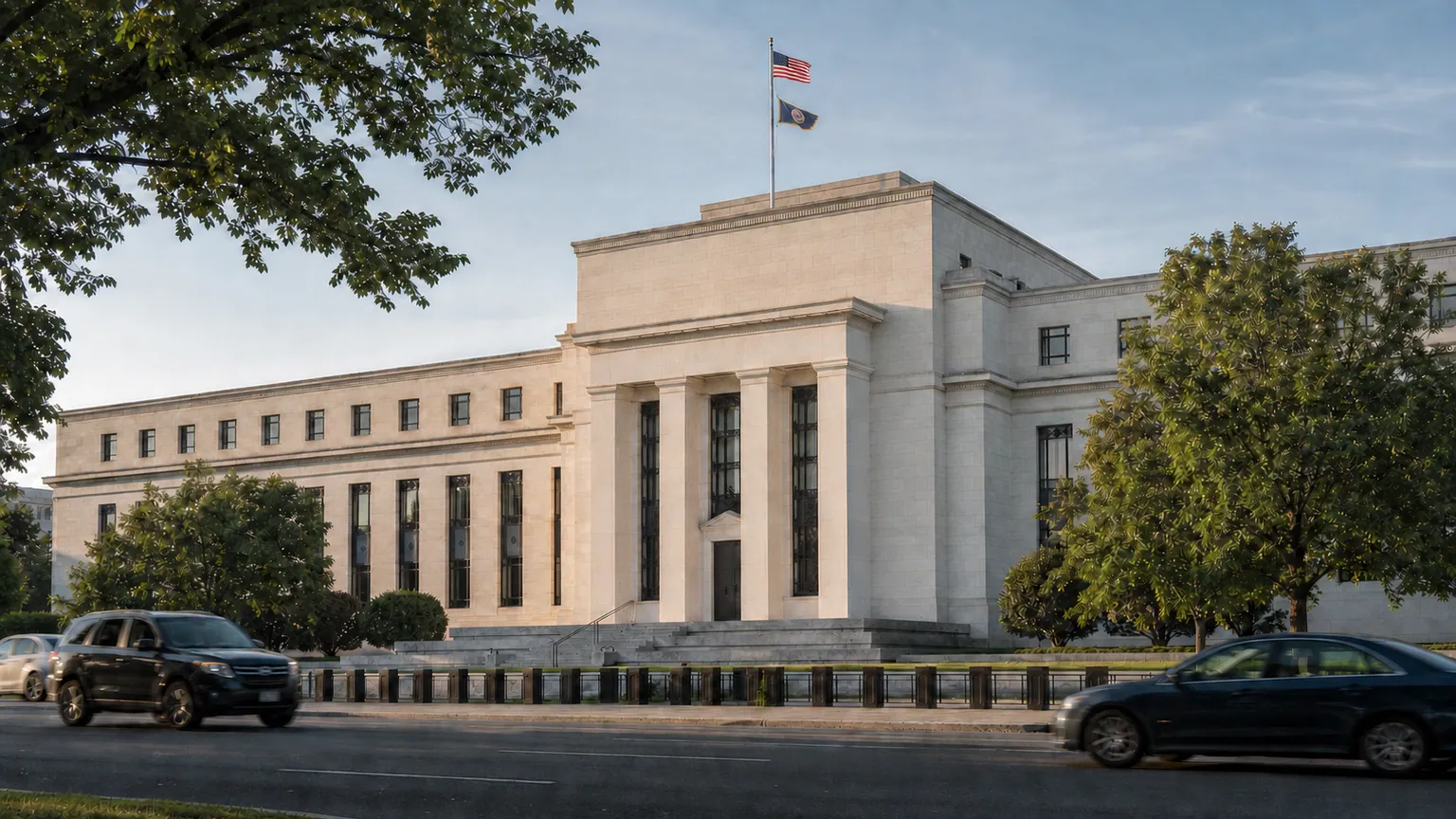 Fed et maintien des taux — façade institutionnelle de la Réserve fédérale à Washington, drapeaux américains et circulation discrète au premier plan.