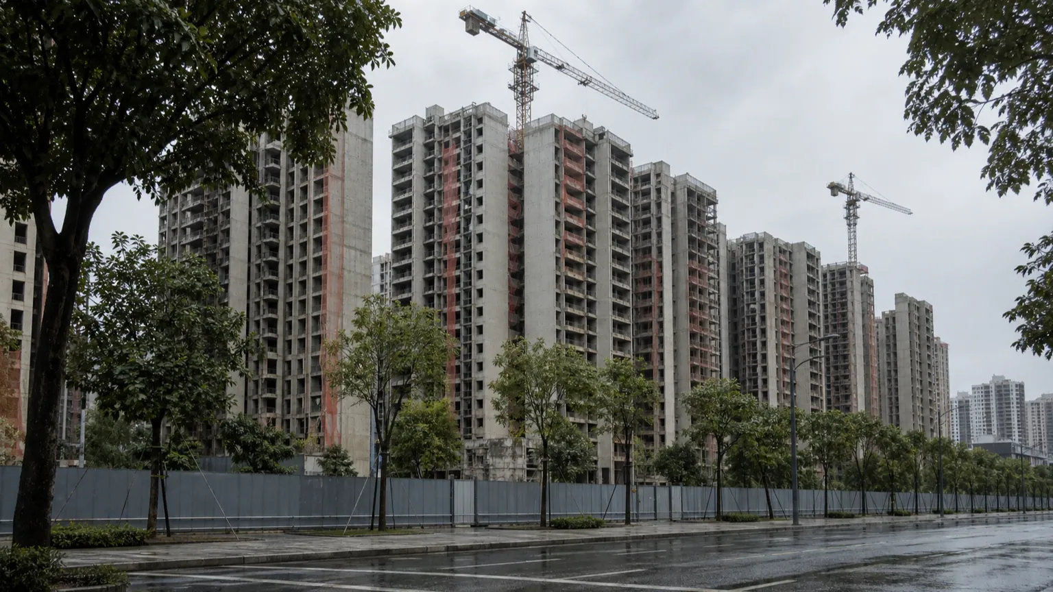 Fondateur d’Evergrande condamné à la prison à vie — vaste chantier résidentiel chinois inachevé, grues immobiles et chaussée humide.