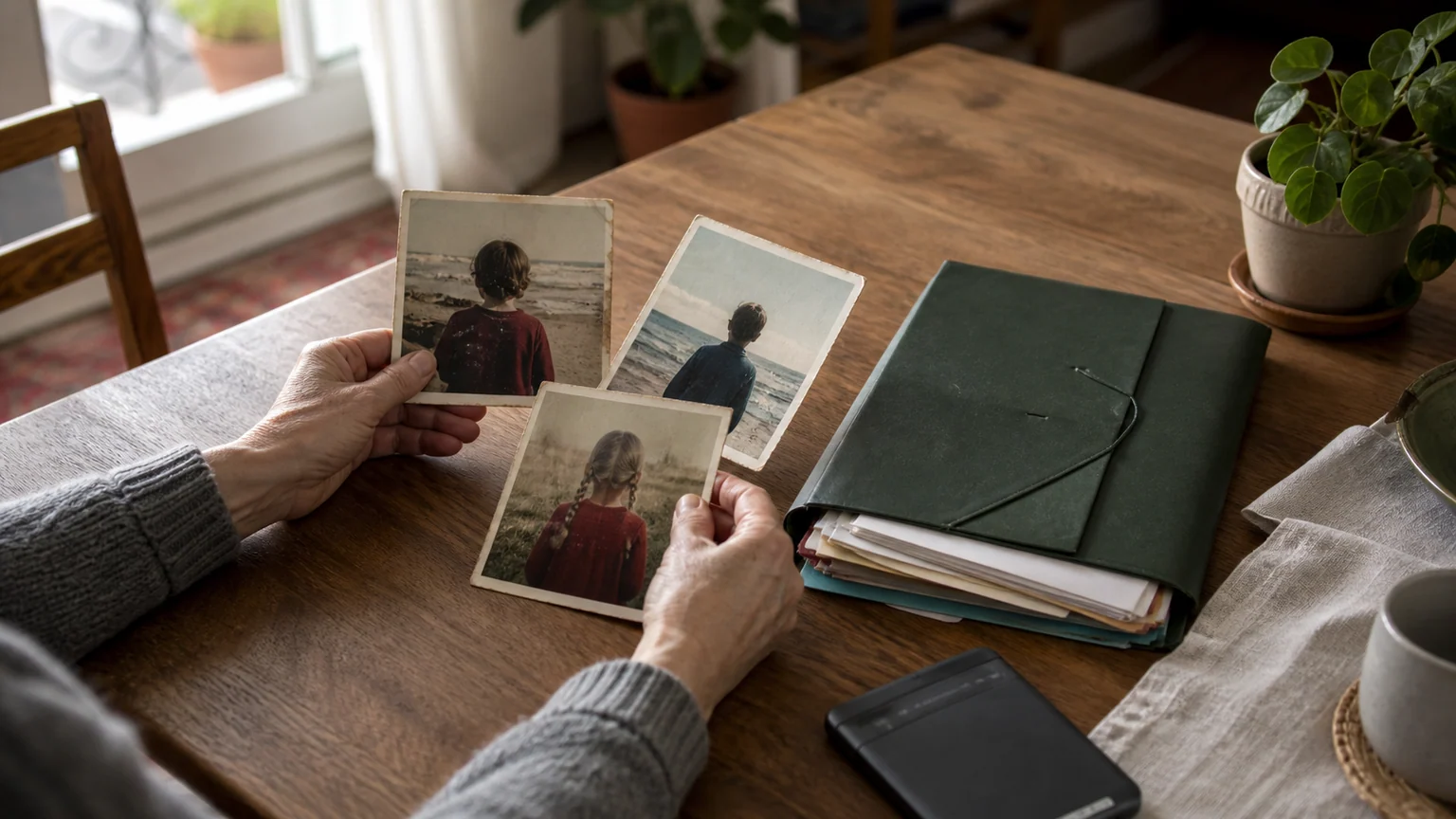 Forfait retraites pour trois enfants, simple piste — mains âgées classant trois photos familiales près d’un dossier de pension sans texte.