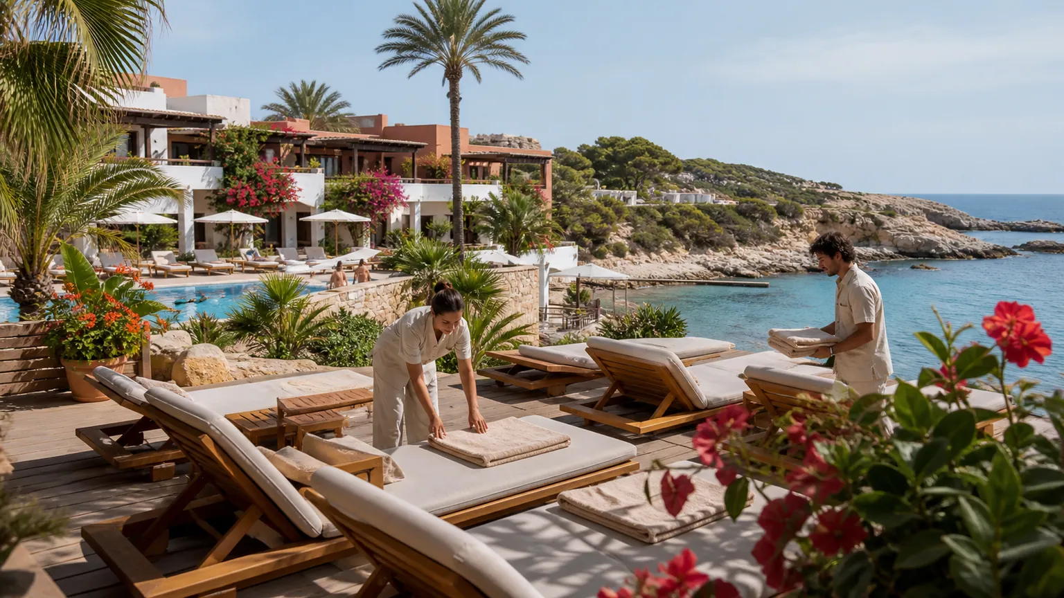 Cotation envisagée de ClubMed Lifestyle — personnel préparant les transats d'un resort méditerranéen face à une crique, avec terrasses et vacanciers au loin.