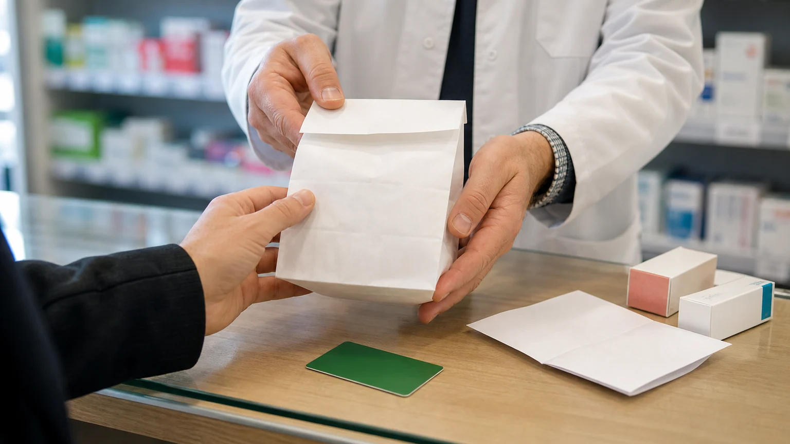 Franchises médicales et hausse possible — mains d'un pharmacien remettant un sachet au comptoir, avec carte Vitale et boîtes non marquées.