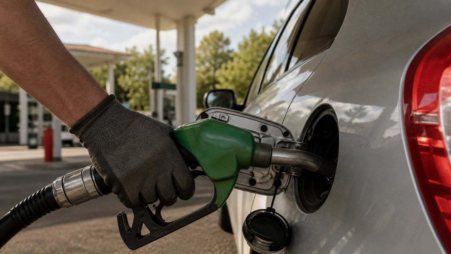 Gazole en hausse à la pompe — pistolet vert engagé dans le réservoir d'une voiture, station-service française floue en arrière-plan.