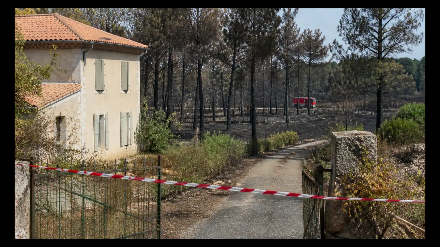 Incendies et déclaration de sinistre — maison évacuée au bord d'une pinède calcinée, rubalise à l'entrée et camion de pompiers au loin.