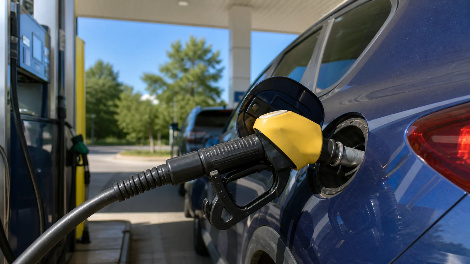 Indemnité carburant pour les grands rouleurs — pistolet de gazole jaune inséré dans le réservoir d'une voiture bleue à une station-service française.