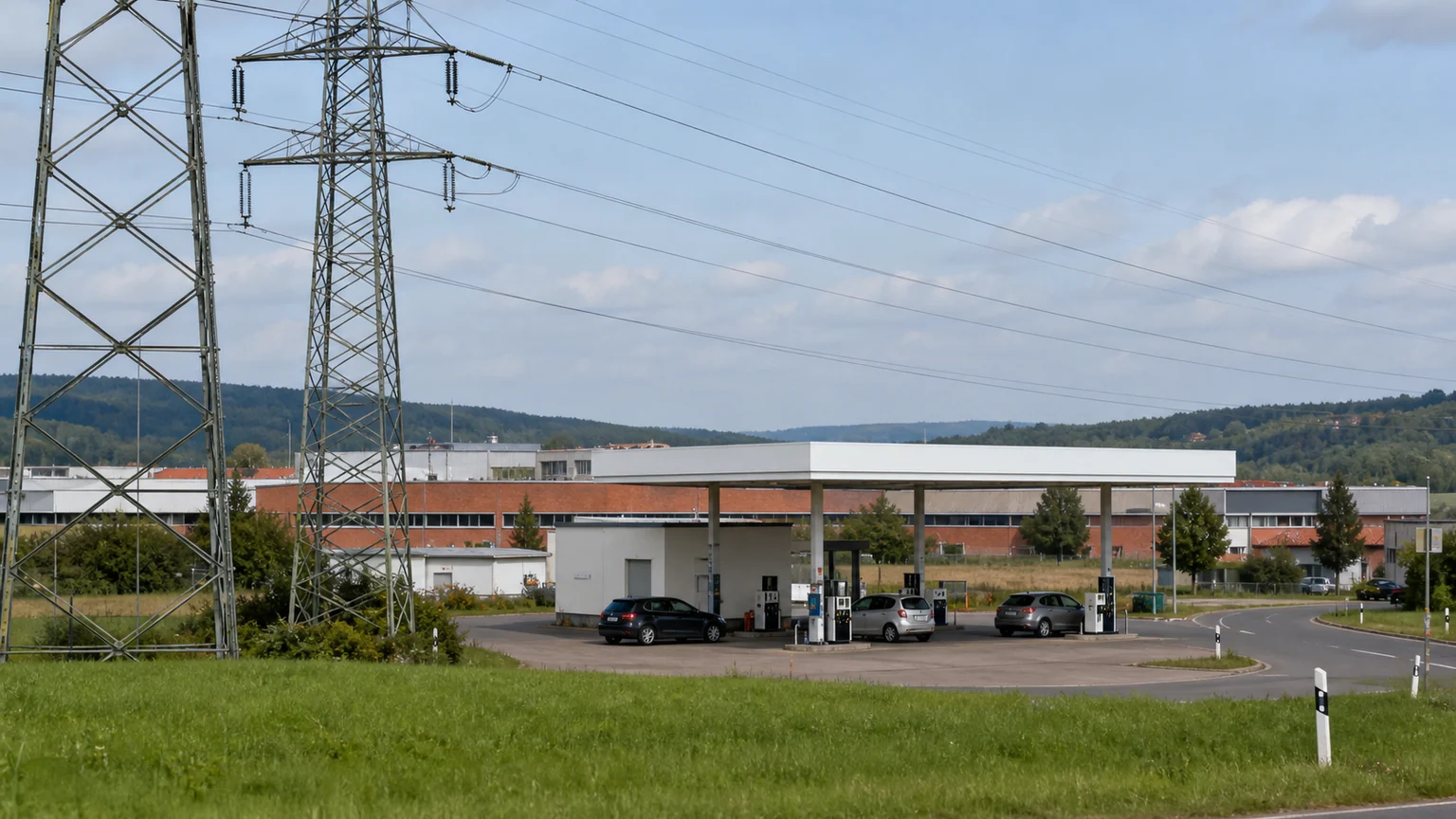 Inflation allemande tirée par l’énergie — pylônes à haute tension devant une station-service neutre dans une périphérie allemande verdoyante.