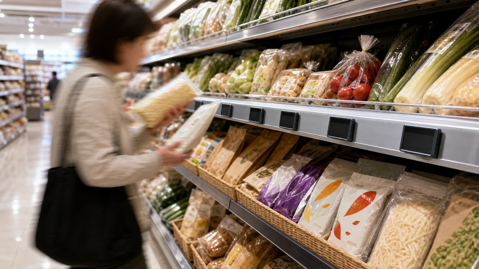 Inflation au Japon en juillet — cliente floue comparant deux produits dans un rayon alimentaire japonais devant des afficheurs électroniques sans données.