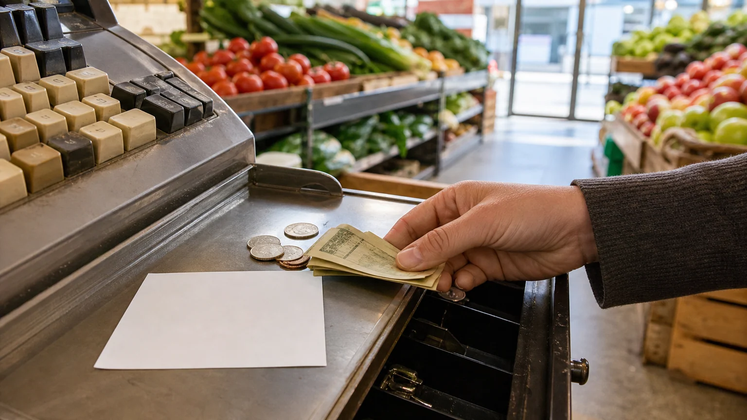 Inflation PCE américaine — main réglant des courses avec des billets verts et des pièces à la caisse d’un commerce de quartier aux États-Unis.