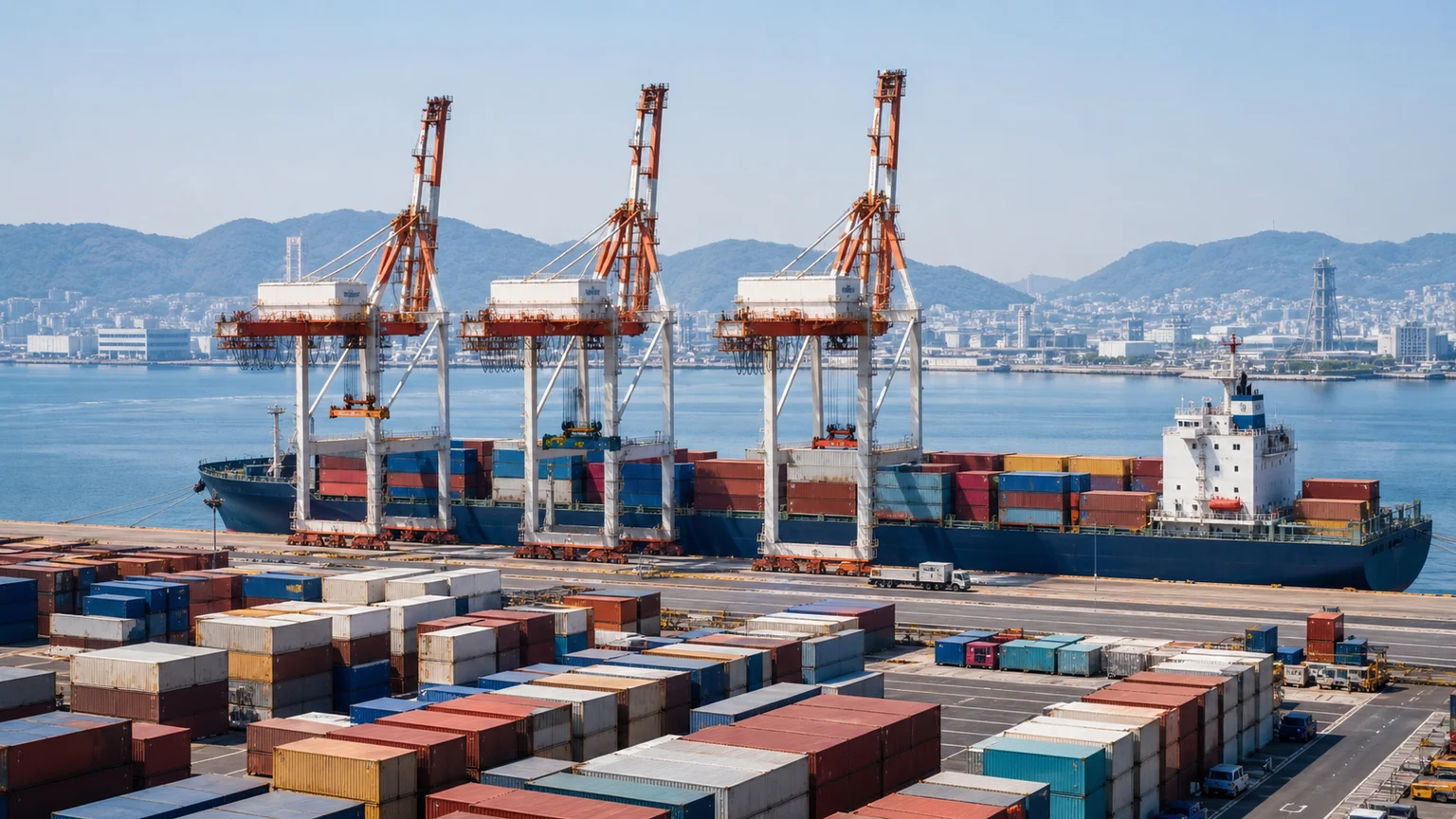 Porte-conteneurs chargé sous trois portiques, devant des rangées de conteneurs dans un grand port japonais.