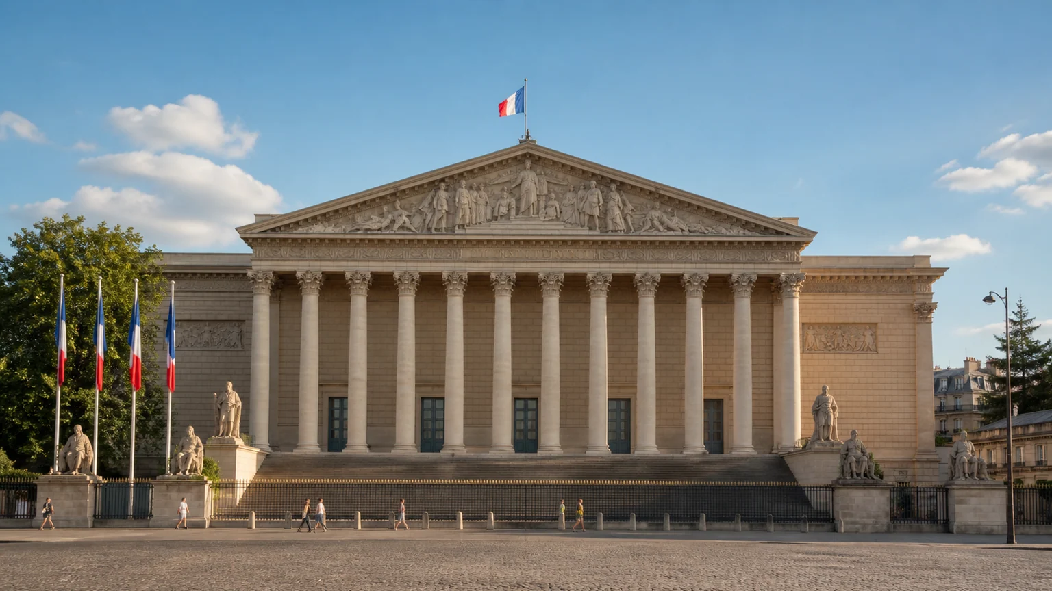 LFI et la censure du budget 2027 — façade du Palais-Bourbon à Paris, colonnes de pierre, drapeaux français et passants au soleil de fin d'été.