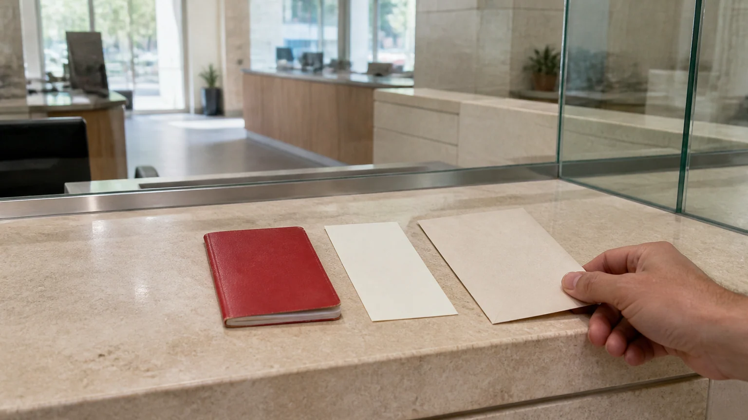 Livret A, collecte de juillet — carnet d’épargne rouge, bordereau vierge et main déposant une enveloppe au comptoir d’une agence bancaire française.