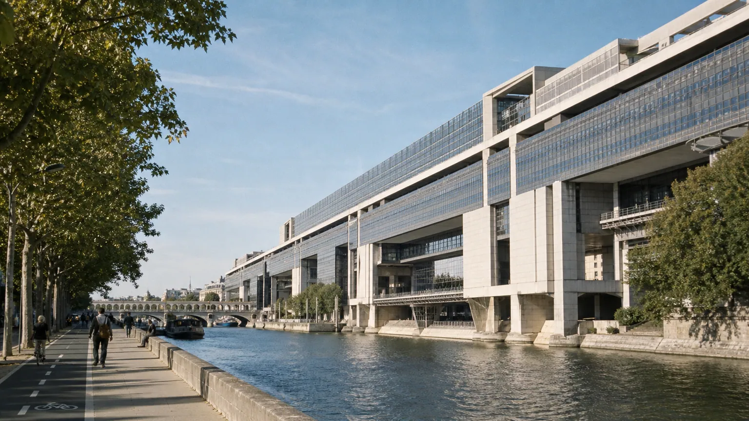 Finances publiques avant le budget 2027 — illustration d'un bâtiment administratif à Bercy au bord de la Seine, sous une lumière de fin d'été.
