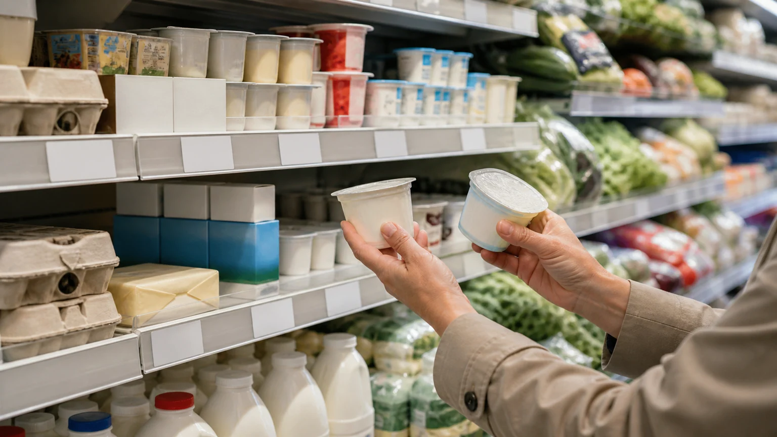 Inflation anticipée dans la zone euro — mains comparant deux pots de yaourt devant des produits frais et des étiquettes de rayon vierges.