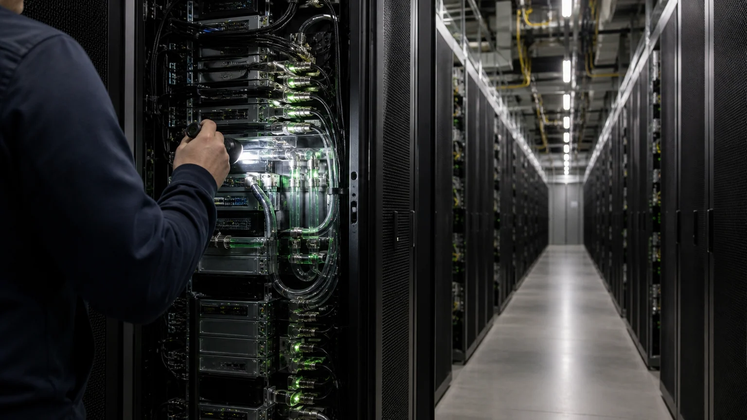Nvidia et les ventes de puces pour l'IA — technicien non identifiable contrôlant une baie de calcul refroidie par liquide dans un centre de données.