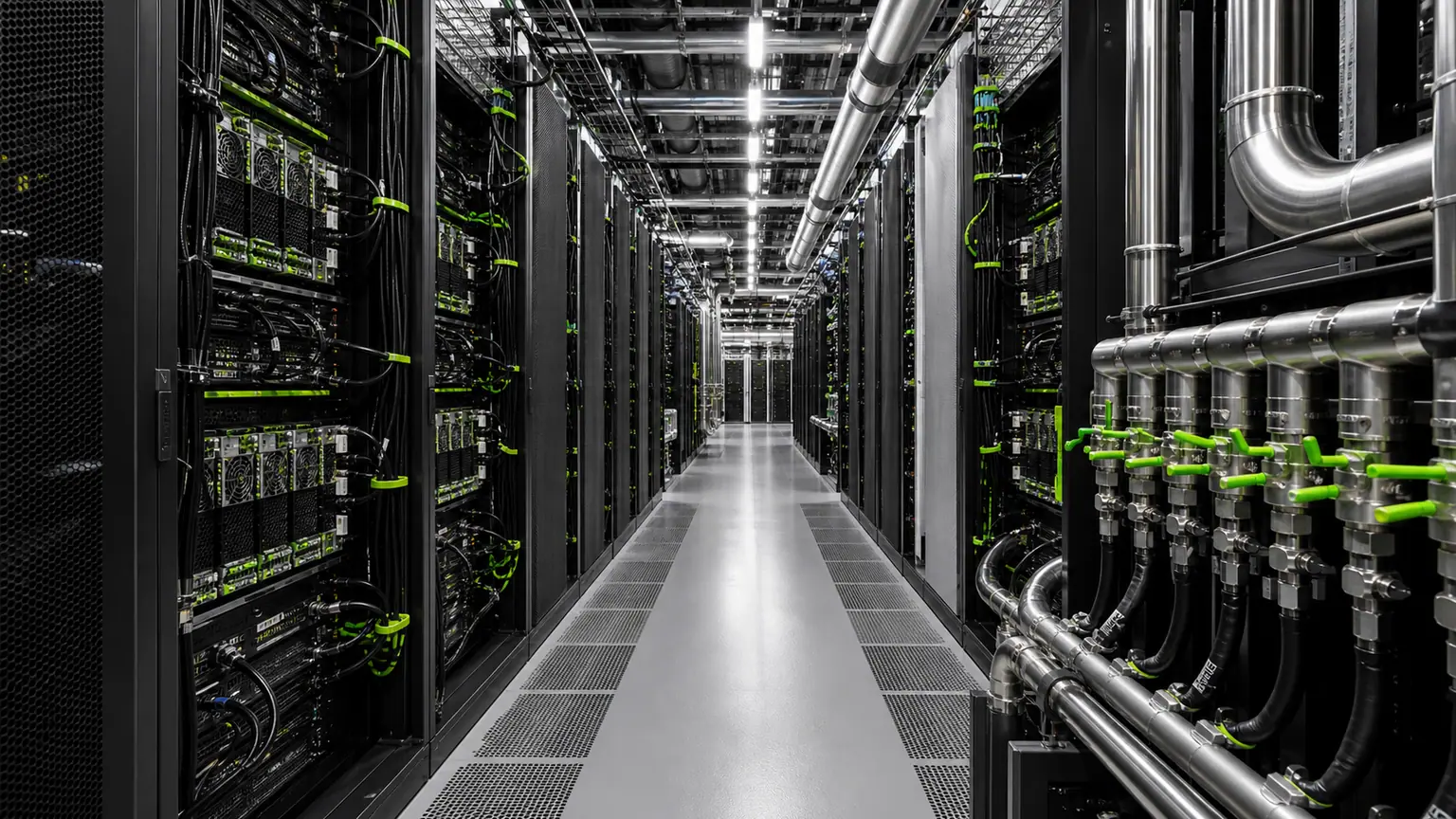 Nvidia et ses centres de données — allée technique de serveurs refroidis par eau, câbles et tuyauterie métallique sous lumière blanche.