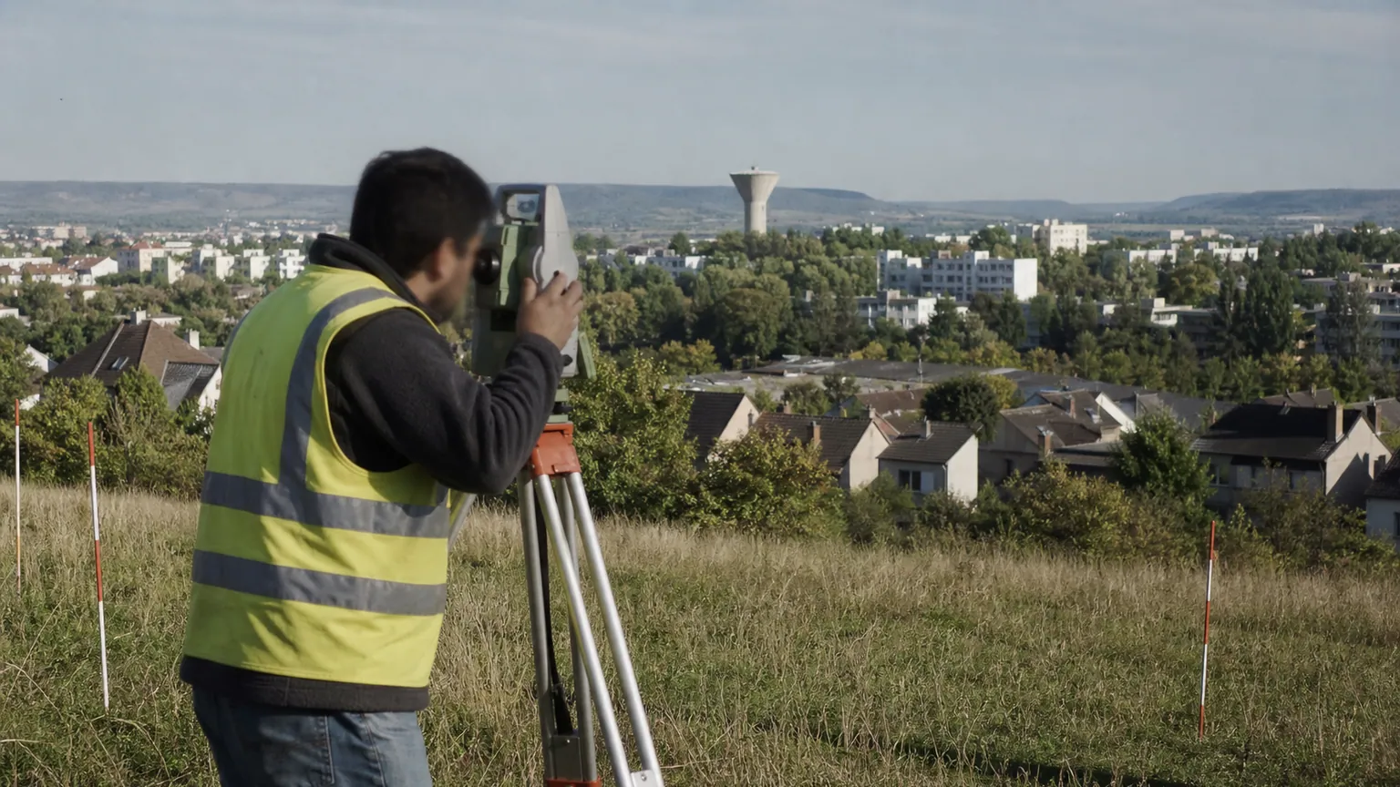Parcs à thème de Cergy-Pontoise — géomètre non identifiable utilisant une station totale devant un paysage urbain francilien à la fin de l'été.
