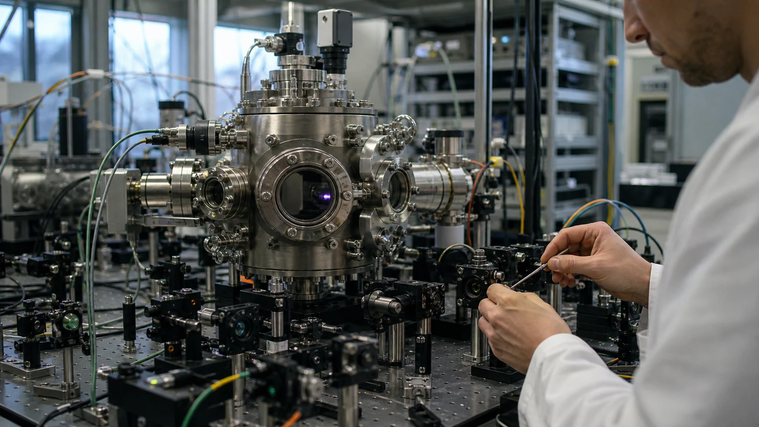 Pasqal au Nasdaq — processeur quantique à atomes neutres dans un laboratoire, chambre à vide et optiques réglées par un technicien.