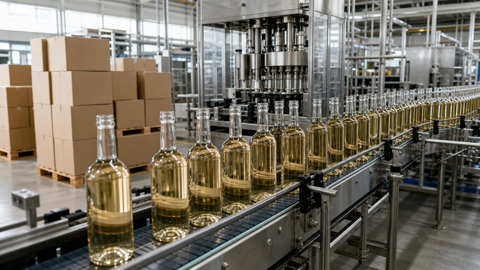 Pernod Ricard, bénéfice annuel en recul — bouteilles de spiritueux ambrés sur une ligne d'embouteillage industrielle moderne.