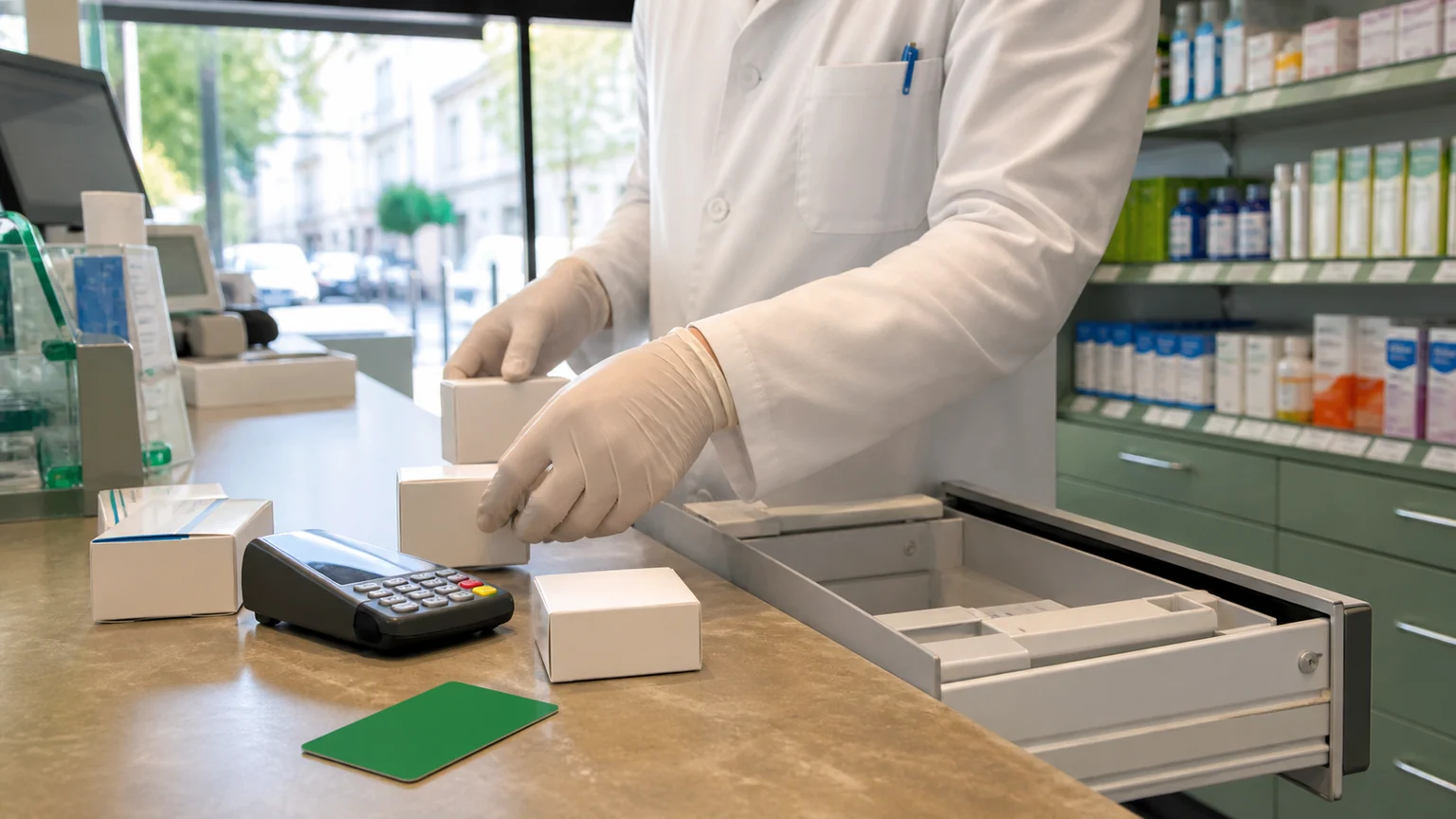 Franchises médicales en pharmacie — préparation de boîtes neutres près d’un lecteur de carte et d’une carte verte sur un comptoir.