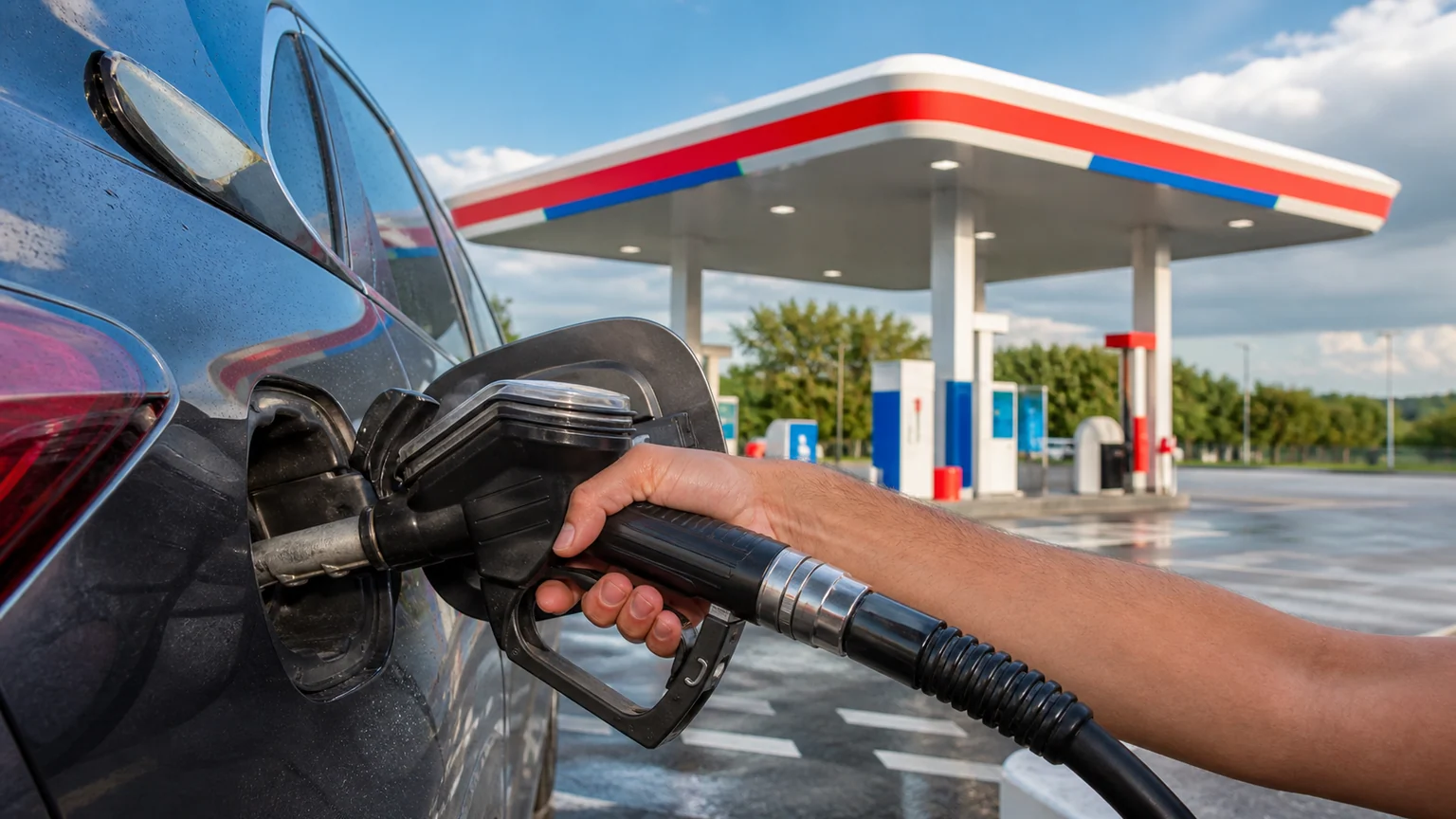 TotalEnergies et son offre de carburant — pistolet d’essence en service sur une voiture devant une station française après la pluie.