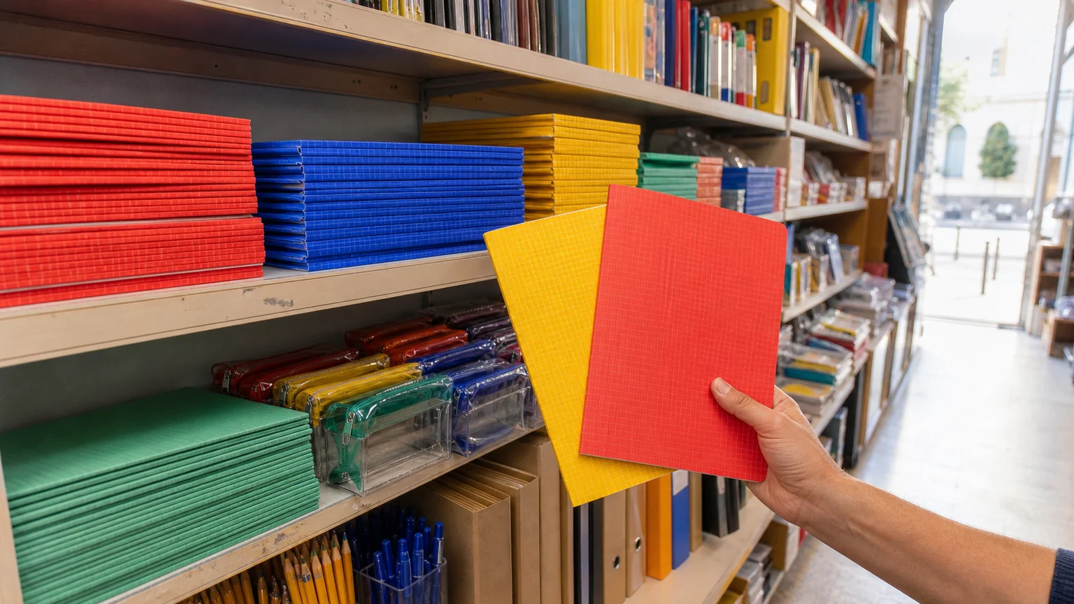 Fournitures scolaires dont les prix baissent avant la rentrée — main comparant deux cahiers neufs dans les rayons colorés d’une papeterie.