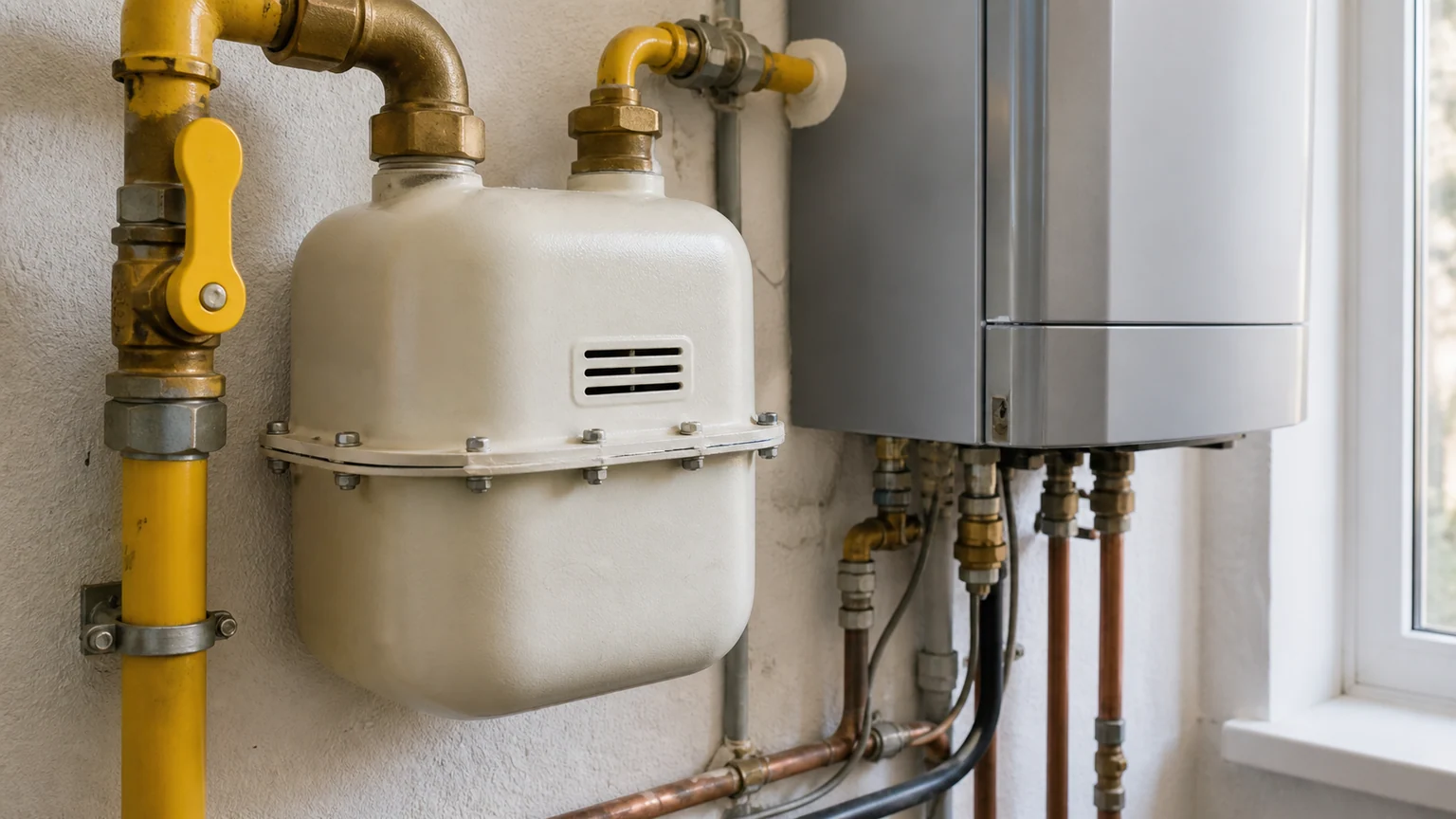 Prix repère du gaz en hausse — compteur domestique relié à une chaudière murale et à un robinet jaune dans une buanderie éclairée naturellement.