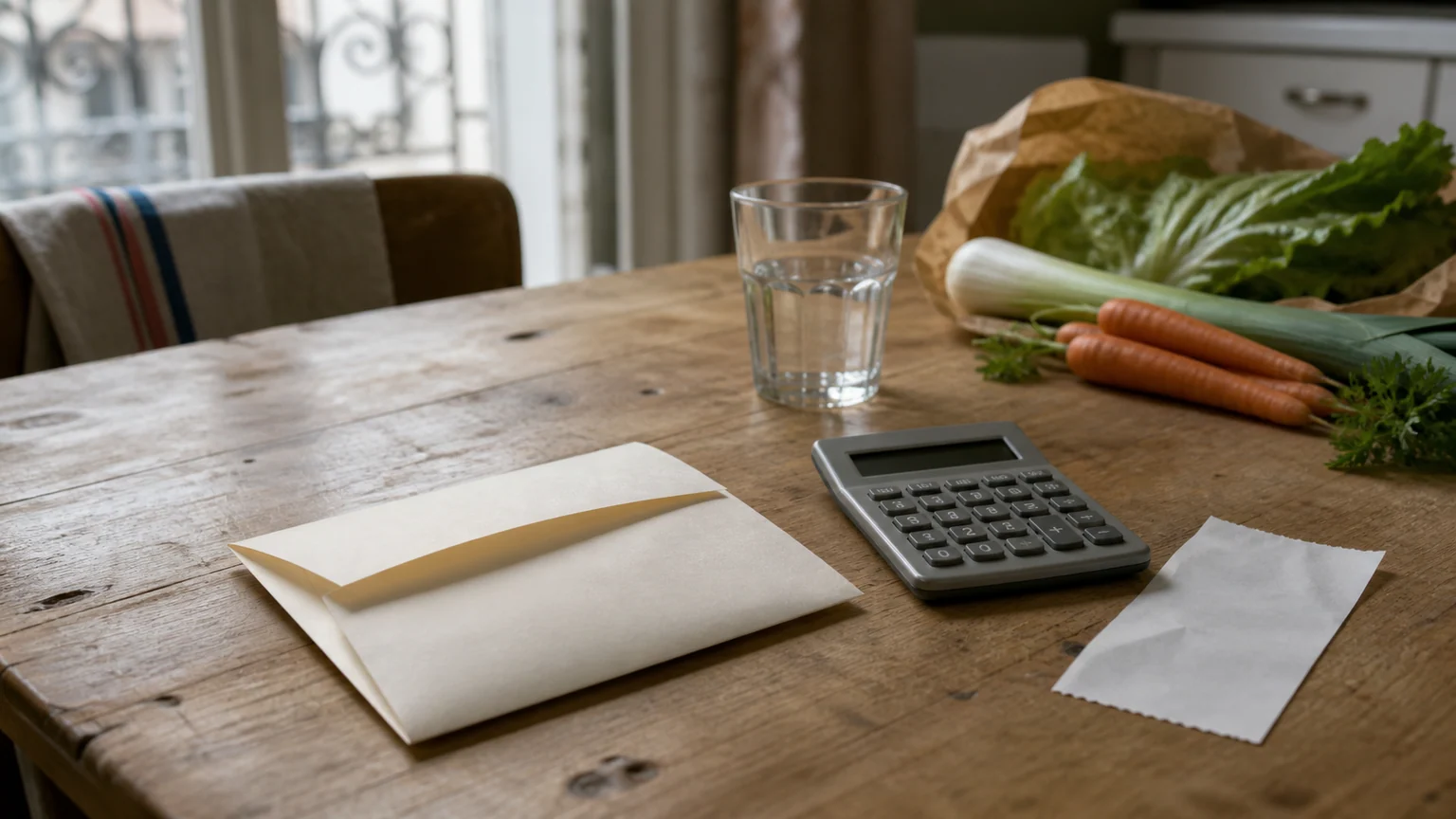 Sur une table de cuisine, une enveloppe de pension sans inscription, une calculatrice éteinte et des courses alimentaires.