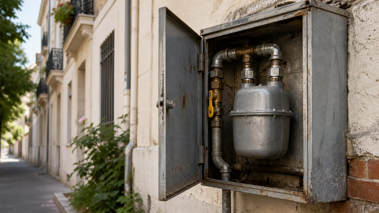 Compteur de gaz domestique gris et tuyauterie dans un coffret métallique ouvert sur la façade d’un immeuble résidentiel français.