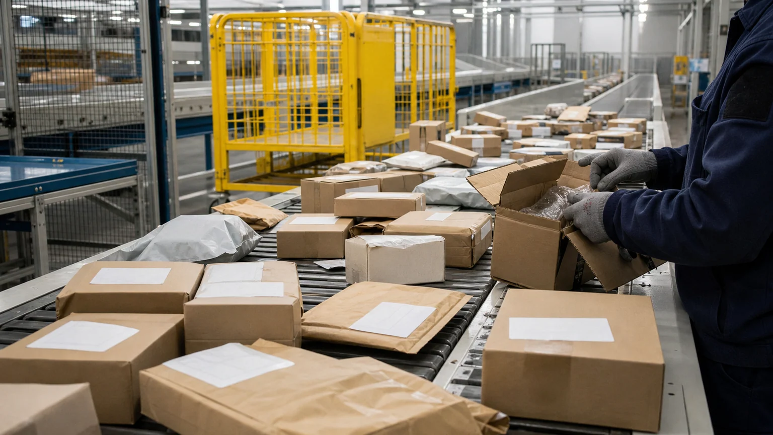 Petits colis importés dans l’Union européenne — convoyeur de centre de tri, cartons neutres et mains gantées lors d’un contrôle douanier.