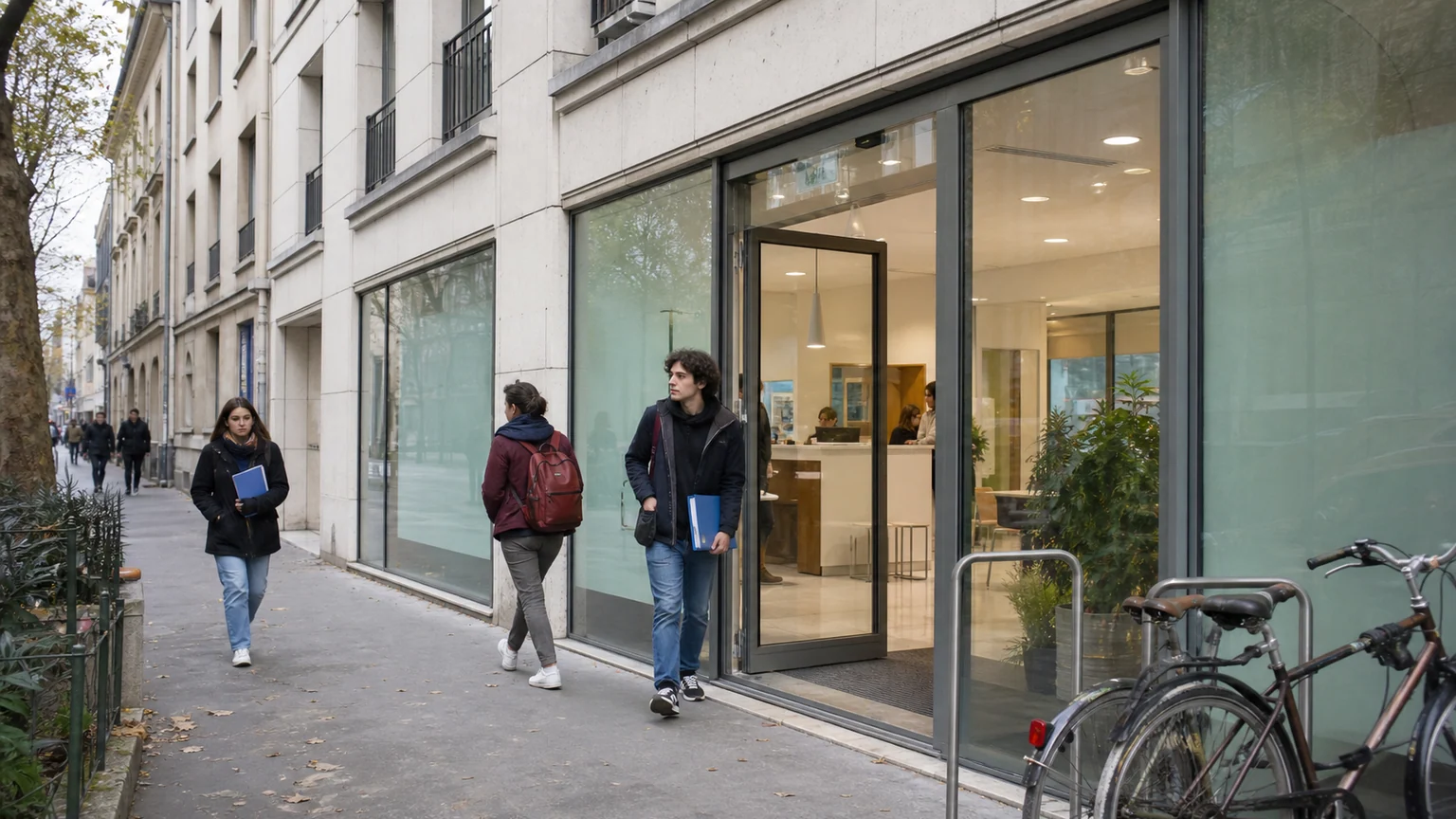 Aides étudiantes et réforme des APL — étudiants adultes devant l’entrée vitrée d’un accueil administratif français, avec vélos et guichet aperçu à l’intérieur.