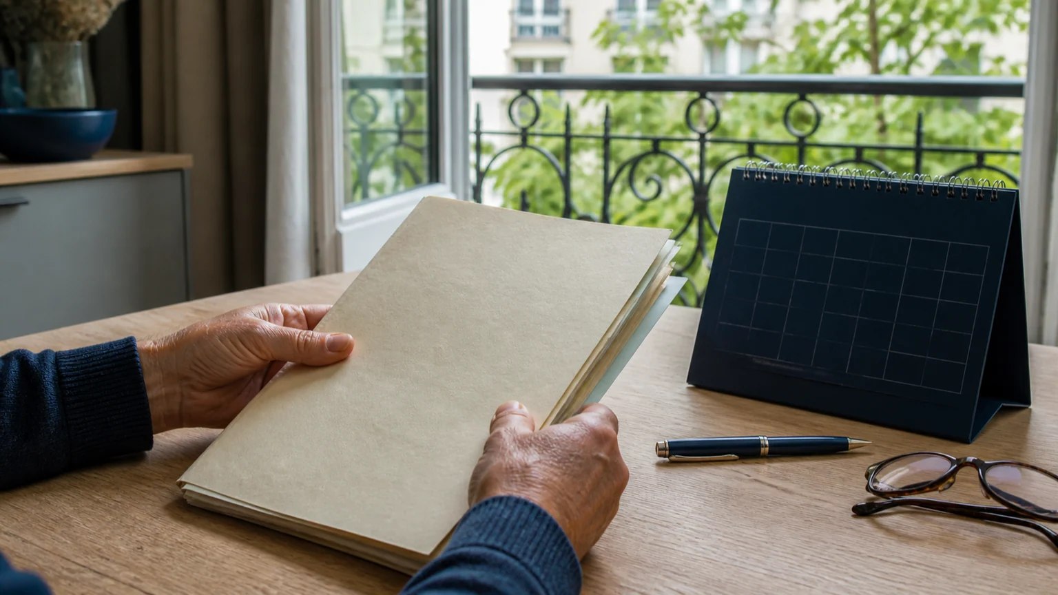 Retraite et proposition du Medef — mains triant un dossier personnel, calendrier sans date et lunettes sur une table, devant une fenêtre française.