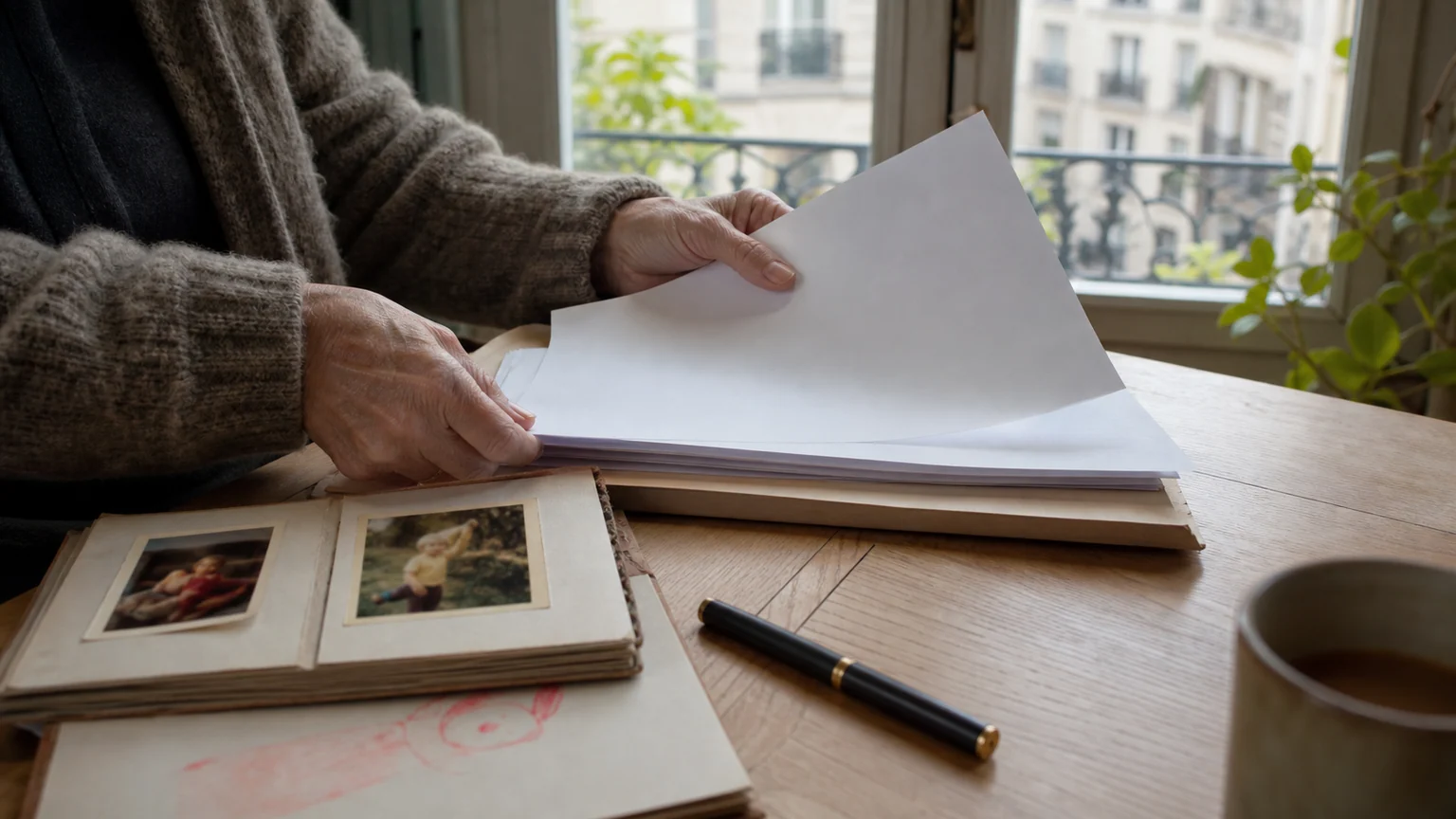 Retraite des parents — mains feuilletant un dossier vierge près d’un album de photos d’enfance sur une table française.