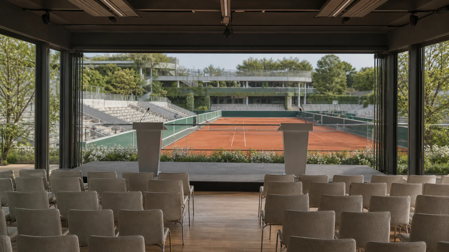 Retraites, débat du Medef — salle de conférence vide ouverte sur les courts en terre battue de Roland-Garros, avec deux pupitres neutres.