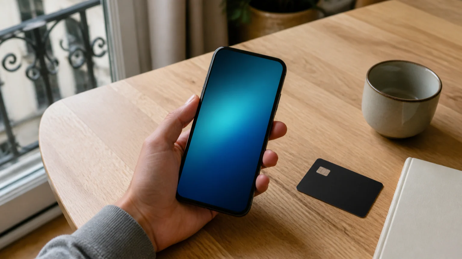 Revolut épargne à taux promotionnel — main tenant un smartphone sans interface au-dessus d’une table française, avec carte bancaire noire et tasse en lumière naturelle.